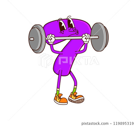 Math number seven groovy character on fitness. Mathematics digit 7 childish isolated cartoon vector personage, school math number or kids education numeric symbol groovy character lifting barbell 119895319