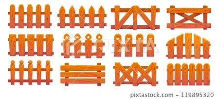 Wooden farm fence, ranch garden palisade or banister. Cartoon vector rustic gates or balustrade with wood pickets. Enclosure railing, fencing sections with decorative pillars. Isolated wood balusters 119895320