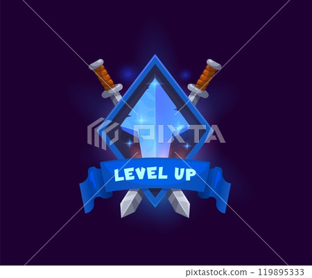 Game level up award win, reward badge asset. Gambling app victory icon, level up GUI vector badge, arcade task complete prize or rank interface symbol. Game UI asset with ice arrow and crossed swords Game level up award win, reward badge asset. Gambling app victory icon, level up GUI vector badge, arcade task complete prize or rank interface symbol. Game UI asset with ice arrow and crossed swords 119895333