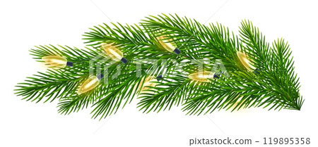Fir branch with glowing Christmas lights. Green spruce branches with garland of yellow light bulbs for winter Christmas holiday celebration. Vector illustration Fir branch with glowing Christmas lights. Green spruce branches with garland of yellow light bulbs for winter Christmas holiday celebration. Vector illustration 119895358
