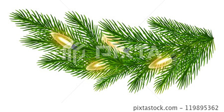 Fir branch with glowing Christmas lights. Green spruce branches with garland of yellow light bulbs for winter Christmas holiday celebration. Vector illustration Fir branch with glowing Christmas lights. Green spruce branches with garland of yellow light bulbs for winter Christmas holiday celebration. Vector illustration 119895362