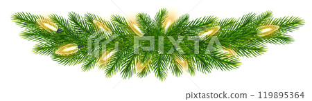 Realistic fir tree branches with glowing sparkling Christmas lights decoration. Vector Christmas decor for carnival party, New Year holiday event 119895364