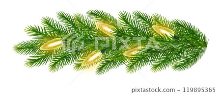 Realistic fir tree branches with glowing sparkling Christmas lights decoration. Vector Christmas decor for carnival party, New Year holiday event 119895365