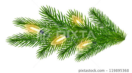 Fir branch with glowing Christmas lights. Green spruce branches with garland of yellow light bulbs for winter Christmas holiday celebration. Vector illustration Fir branch with glowing Christmas lights. Green spruce branches with garland of yellow light bulbs for winter Christmas holiday celebration. Vector illustration 119895368