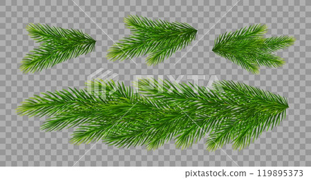 Christmas fir tree branches on transparent background. Pine, spruce green branches and border for Christmas decorations. Vector illustration 119895373
