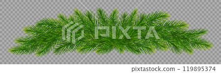 Christmas border of realistic fir tree branches on transparent background. Christmas tree branches frame for greeting New Year and Christmas cards, banners, invitations. Vector illustration 119895374