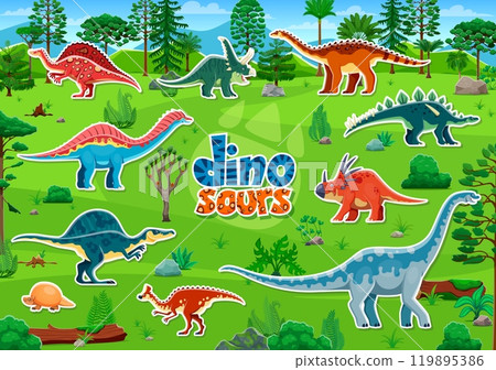 Prehistoric dinosaurs stickers pack feature colorful dino species at lush, green jungle forest landscape. Cartoon vector patches for educational or creative kids hobbies, fun children activities 119895386
