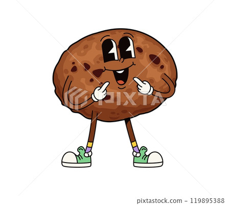 Funny groovy chocolate cookie dessert character. Cartoon cheerful bakery personage with a wide smile and chips radiating sweetness and happiness. Isolated vector cute joyful pastry with retro y2k vibe Funny groovy chocolate cookie dessert character. Cartoon cheerful bakery personage with a wide smile and chips radiating sweetness and happiness. Isolated vector cute joyful pastry with retro y2k vibe 119895388