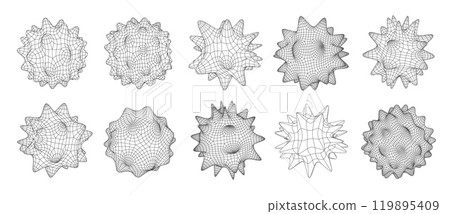 3d grid cell frames, geometric mesh figures resembling organic or cellular structures. Vector set of wireframe models composed of grid lines, showcasing abstract forms with spiked or smooth surfaces 3d grid cell frames, geometric mesh figures resembling organic or cellular structures. Vector set of wireframe models composed of grid lines, showcasing abstract forms with spiked or smooth surfaces 119895409