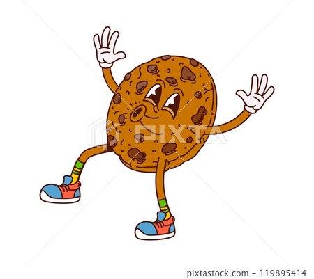 Cartoon groovy chocolate cookie character with lively expression and bright retro sneakers. Isolated vector funny hippie dessert, sweet round candy or pastry with chocolate chips cheerfully dancing 119895414
