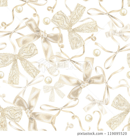 Delicate beige watercolor bows and ribbons in a seamless pattern on a white background. Perfect for bridal wrapping or textile prints. Elegant hand drawn details in soft satin and lacework designs 119895520