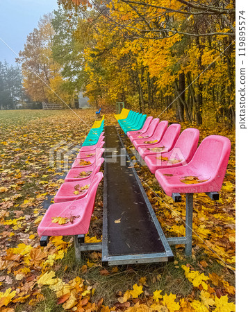 Colorful Empty Stadium Seats Surrounded by Autumn Leaves in Park Setting. High quality photo Colorful Empty Stadium Seats Surrounded by Autumn Leaves in Park Setting. High quality photo 119895574