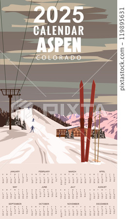 2025 Calendar Monthly Travel poster retro Resort Aspen Ski Colorado USA winter landscape travel card 119895631