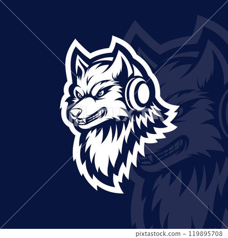 Angry wolf with headphone mascot character esport logo Angry wolf with headphone mascot character esport logo 119895708