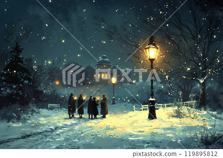 Charming Winter Evening Scene with People Gathering in the Soft Falling Snow 119895812