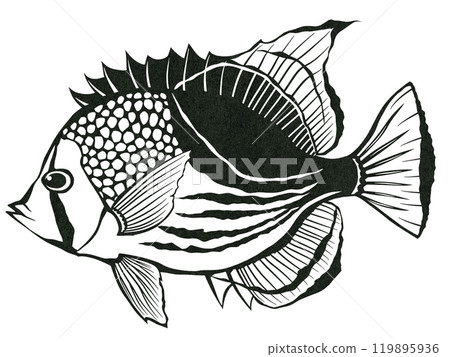 一個簡單的黑白剪紙插圖，展示了一種可愛的熱帶魚——蝴蝶魚。 119895936