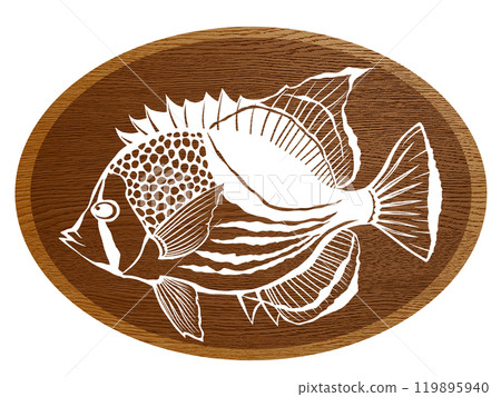 Wood painting cut-out illustration of a black-spotted butterflyfish Wood painting cut-out illustration of a black-spotted butterflyfish 119895940