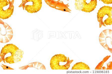 Frame of fried shrimp and uncooked shrimp. Hand-drawn watercolor illustration background material for cooking and food. 119896165
