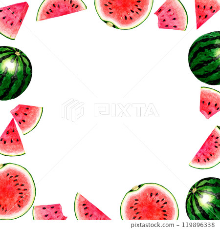Frame of watermelon with red flesh. Hand-drawn watercolor illustration background material of vegetables and fruits Frame of watermelon with red flesh. Hand-drawn watercolor illustration background material of vegetables and fruits 119896338