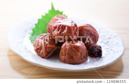 Kishu Nanko Plums Pickled in Shiso (Bright table background) Kishu Nanko Plums Pickled in Shiso (Bright table background) 119896355