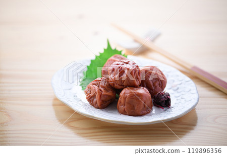 Kishu Nanko Plums Pickled in Shiso (Bright table background) 119896356