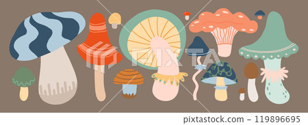 Whimsical cartoon mushrooms in various colors and shapes 60s 70s autumn fall design element. Whimsical cartoon mushrooms in various colors and shapes 60s 70s autumn fall design element. 119896695