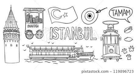 Line drawing of iconic Istanbul symbols Galata Tower, tram, ferry, Turkish flag, simit cart, and Tamam speech bubble. 119896723