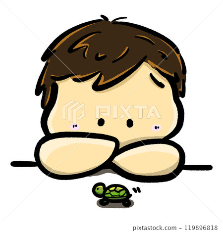 Little boy watching turtle, doodle cartoon illustration, boy character and animal design 119896818