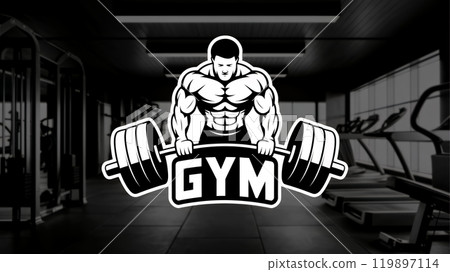 illustration of a gym logo with a muscular man lifting a heavy weight 119897114