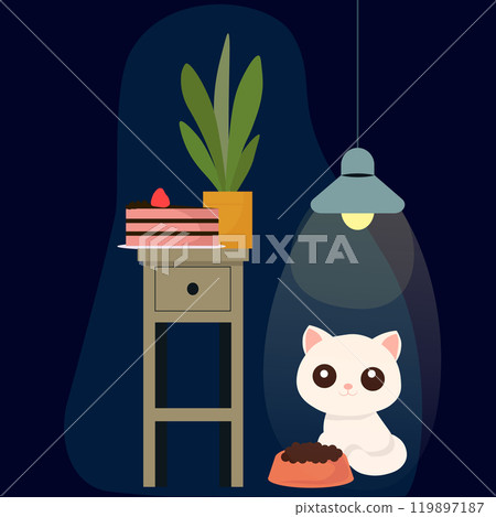 A cat sits at night in front of a table with a cake on it. A cat sits at night in front of a table with a cake on it. 119897187