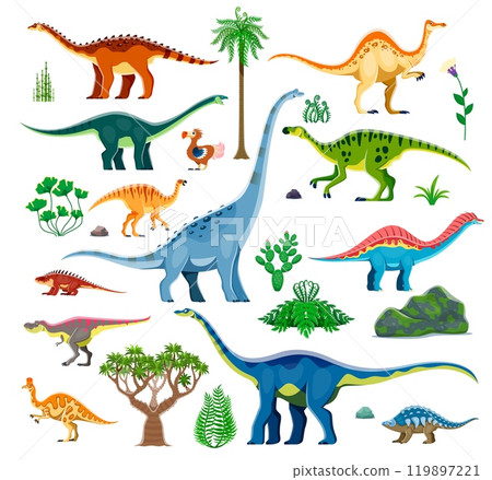 Prehistoric dinosaurs and Jurassic cartoon lizards for kids dino collection, vector toys. Funny cute dinosaurs collection of amygalodon with titanosauria and trabosaurus for archeology or education Prehistoric dinosaurs and Jurassic cartoon lizards for kids dino collection, vector toys. Funny cute dinosaurs collection of amygalodon with titanosauria and trabosaurus for archeology or education 119897221