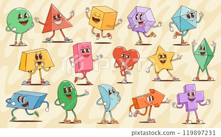 Cartoon groovy math geometric figure characters. Funny cube, pyramid, sphere and cuboid shapes vector personages, psychedelic hippie heart, star, arrow, cross and ellipse geometric shapes, funky math 119897231
