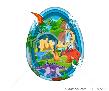 Paper cut prehistoric era landscape with dinosaurs reptiles characters amidst lush Jurassic vegetation. Vector egg-shaped 3d vector frame contains flying or ground-dwelling dino in ancient ecosystem 119897233