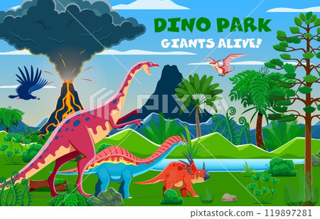 Prehistoric era landscape with volcano and dinosaurs in tropical forest, vector background. Dino park poster for Jurassic lizards and reptiles of museum exhibition for kids in jungle forest 119897281