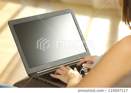 Girl using laptop and showing a blank monitor 119897317