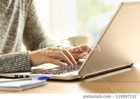 Lady hands typing in a laptop on a desk Lady hands typing in a laptop on a desk 119897332