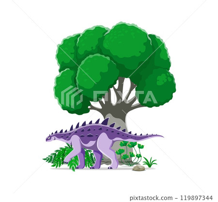 Struthiosaurus prehistoric dinosaur cartoon character walking beneath a large, lush tree. Isolated vector ancient herbivorous reptile, spiked purple animal in natural landscape of Late Cretaceous era 119897344
