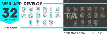 Web app development and optimization, mobile application coding and software programming line icons, vector digital technologies. Outline screens with idea, analysis, testing and launching app signs 119897345