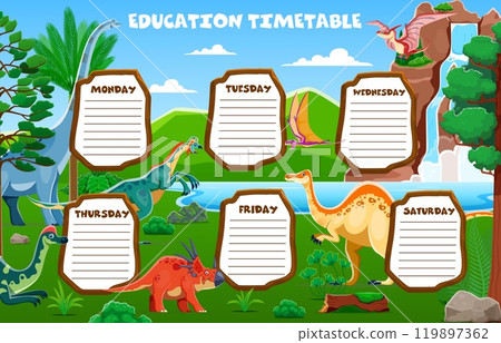 Education timetable schedule with prehistoric dinosaurs. Vector educational lesson planner template for classrooms or kids homeschooling with cartoon dino species in lush, natural Jurassic environment 119897362