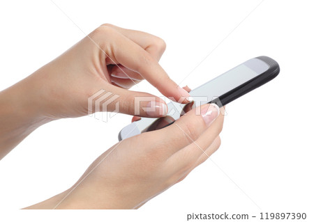 Side view of a woman hand with fingers on multi touch screen 119897390