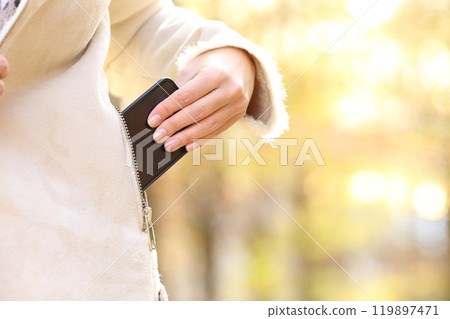 Woman hand keeping phone in a jacket pocket in fall 119897471