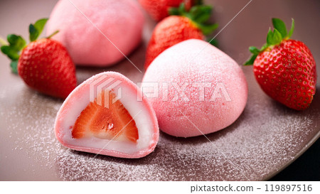 Delicious looking strawberry daifuku and strawberries 119897516
