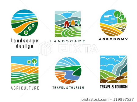 Landscape icons for travel, agriculture or farming agronomy, vector emblems. Abstract simple line icons of landscape with field, sun and trees with road and clouds in sky for travel tourism and farm 119897527