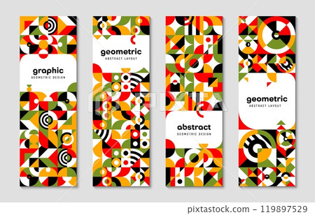 Modern abstract geometric banners with pattern of shapes and colors, vector backgrounds. Retro Swiss or modern Scandinavian graphic pattern with simple geometric shapes and color element for banners 119897529