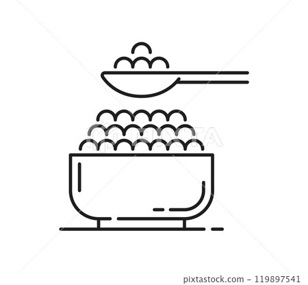 Salmon fish fresh caviar thin line icon. Seafood fresh product line sign, ocean fish cooking or culinary ingredient pictogram or salmon or tuna meal outline vector symbol or icon with jar of caviar 119897541