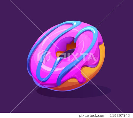 Cartoon donut, sweet dessert. Glazed donut confectionery, frosted pastry dessert or cartoon vector sweet doughnut snack. Frosted donut with pink and blue cream glaze 119897543