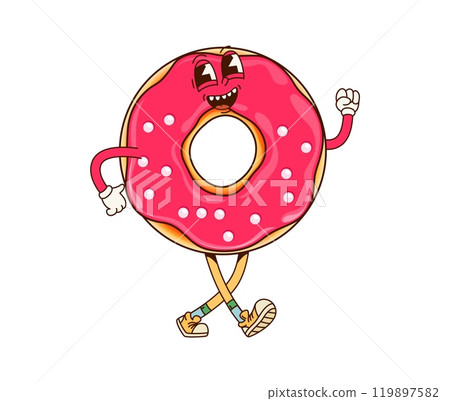 Groovy fast food donut character. Isolated cartoon vector energetic doughnut pastry dessert personage with funky smile, vibrant pink glaze and sprinkles, embodies a 70s vibe, with a wide, cheery smile Groovy fast food donut character. Isolated cartoon vector energetic doughnut pastry dessert personage with funky smile, vibrant pink glaze and sprinkles, embodies a 70s vibe, with a wide, cheery smile 119897582