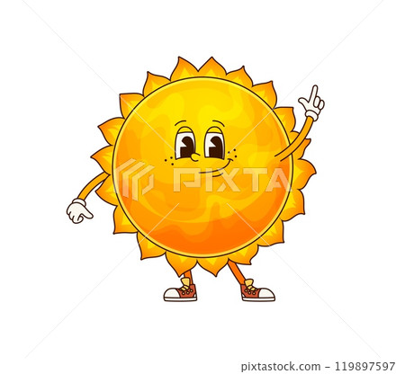Cartoon sun solar system groovy planet character with cheerful expression and playful pose. Isolated vector cute and quirky space personage radiating retro vibes, fun and joy for astronomy learning 119897597