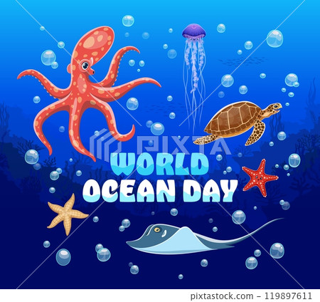 World oceans day banner featuring cartoon octopus, jellyfish, turtle, starfish and stingray animals at deep blue ocean background with bubbles. Vector sea conservation poster with marine biodiversity World oceans day banner featuring cartoon octopus, jellyfish, turtle, starfish and stingray animals at deep blue ocean background with bubbles. Vector sea conservation poster with marine biodiversity 119897611