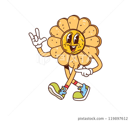 Cartoon groovy cookie, pastry and bakery character. Isolated vector happy sweet dessert personage in shape of flower wearing sneakers, flashing rock sign with cheerful expression, exuding quirky vibes 119897612